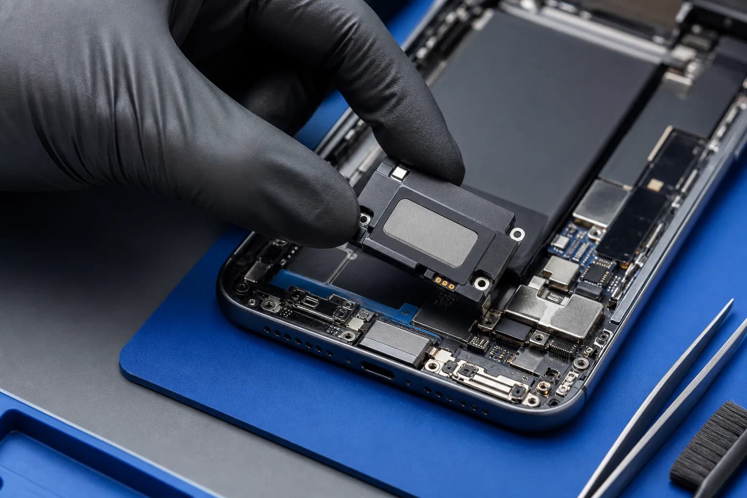 Technician replacing a smartphone speaker module