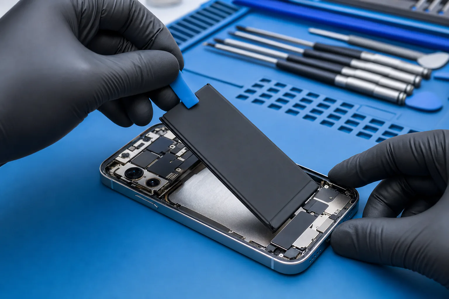 Technician replacing a smartphone battery