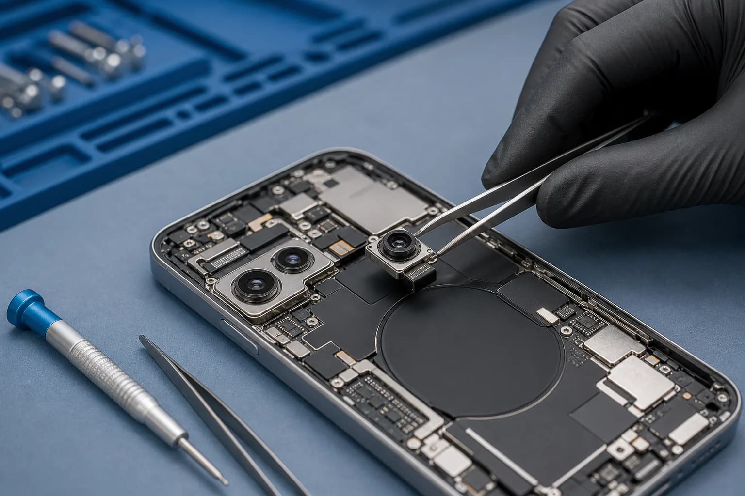 Technician positioning a smartphone camera module