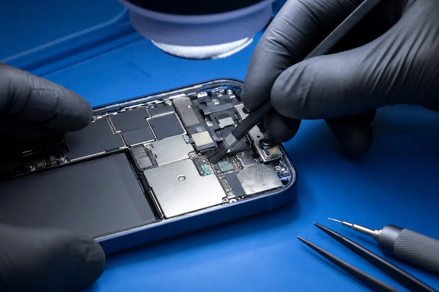 Technician treating corrosion inside a smartphone